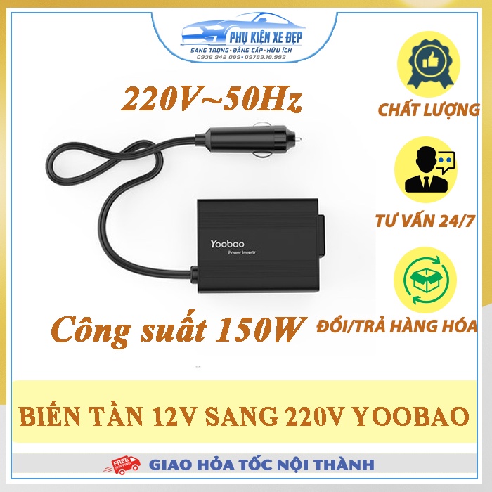 Biến tần 12V sang 220V ⚡FREESHIP - CAO CẤP⚡ cho ô tô Yoobao Inverter công suất 150W Bảo Hành 1 năm