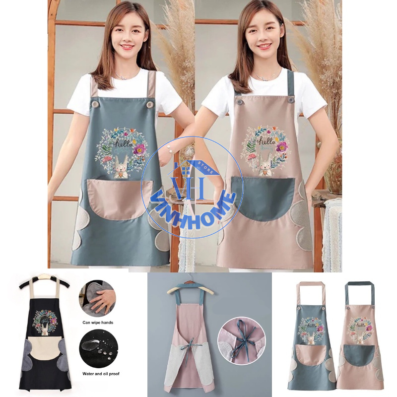 Tạp dề chống thấm nước có lau tay họa tiết thỏ xinh kèm túi to tiện lợi vinhhome.store