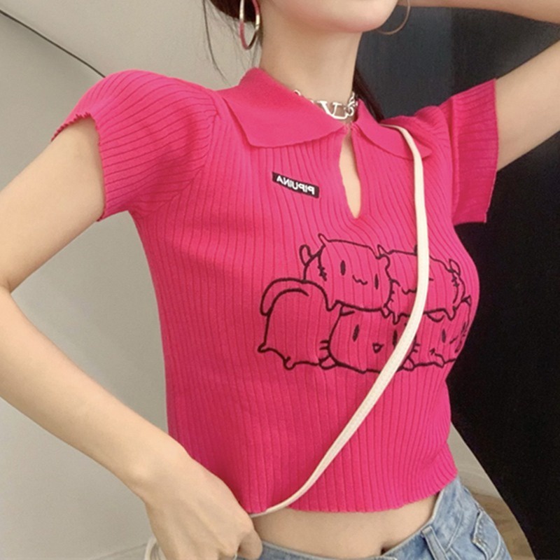Áo croptop ZHELIHANGFEI cổ polo dệt kim tay ngắn thiết kế quyến rũ cá tính cho nữ