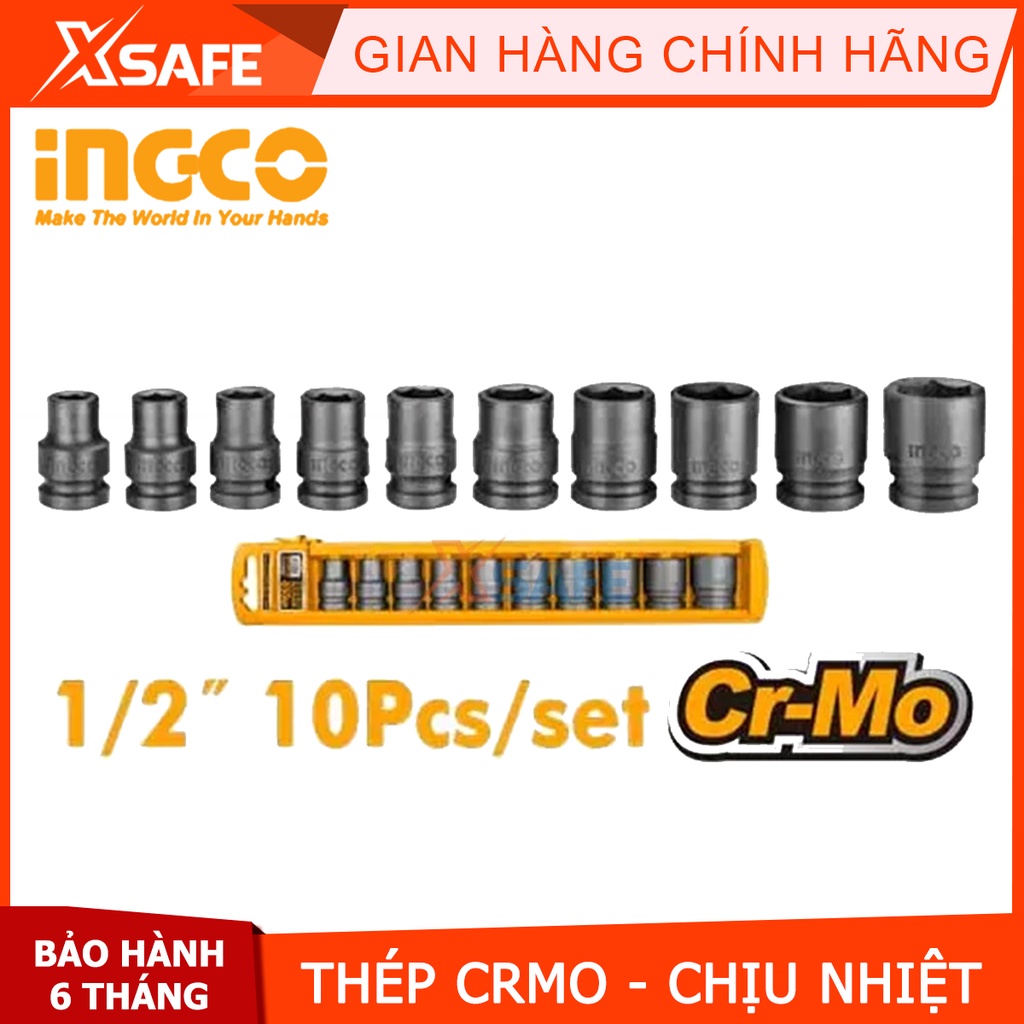 Bộ đầu tuýp 10 chi tiết INGCO HKISSD12101 1/2 inch Bộ dụng cụ thép CrMo chịu nhiệt, bền bỉ, kích thước đa dạng