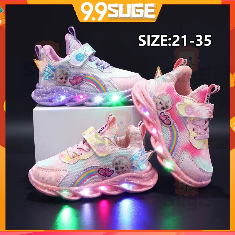 【Suge】Giày Thể Thao Đế Mềm Chống Trượt Thoáng Khí Có Đèn LED Họa Tiết Frozen Elsa Cho Bé Gái