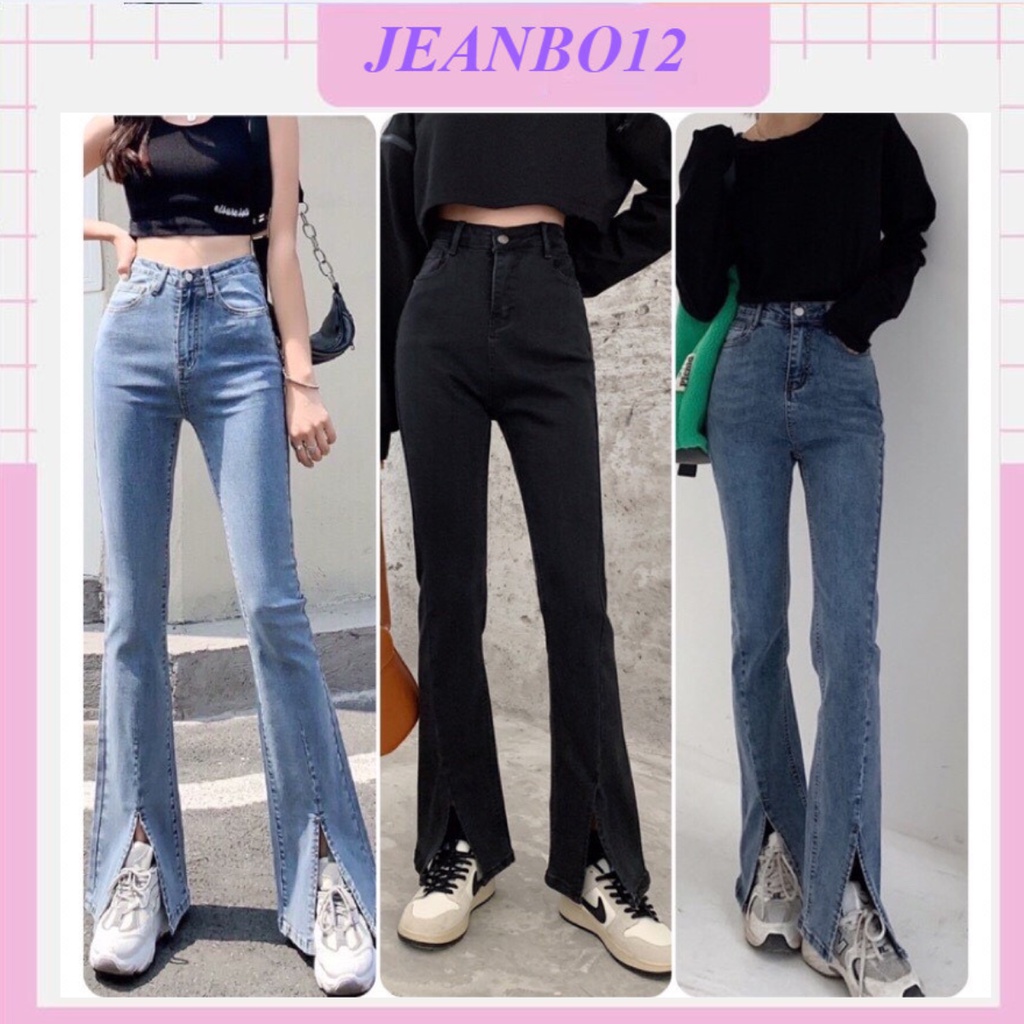 Quần jeans nữ ống Loe đậm sẻ gấu cạp cao, quần bò xẻ gấu co dãn hàng cao cấp Hottrend 2022
