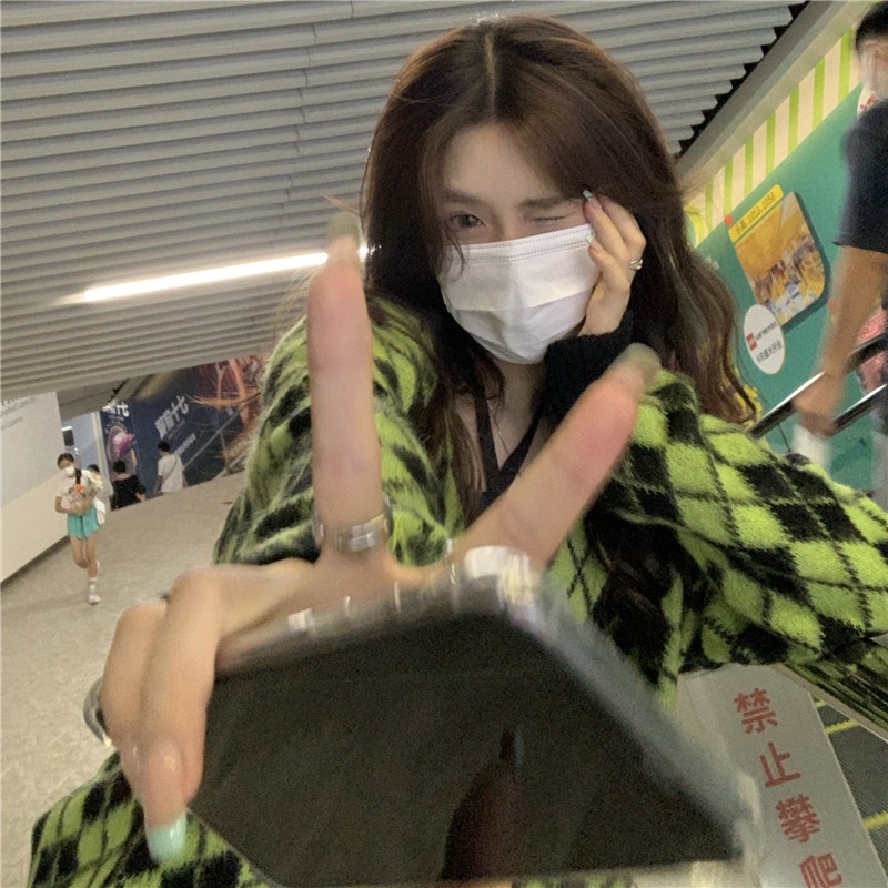 Áo Khoác Cardigan Dệt Kim Tay Dài Dáng Rộng Họa Tiết Kim Cương Thời Trang Hàn Quốc | BigBuy360 - bigbuy360.vn