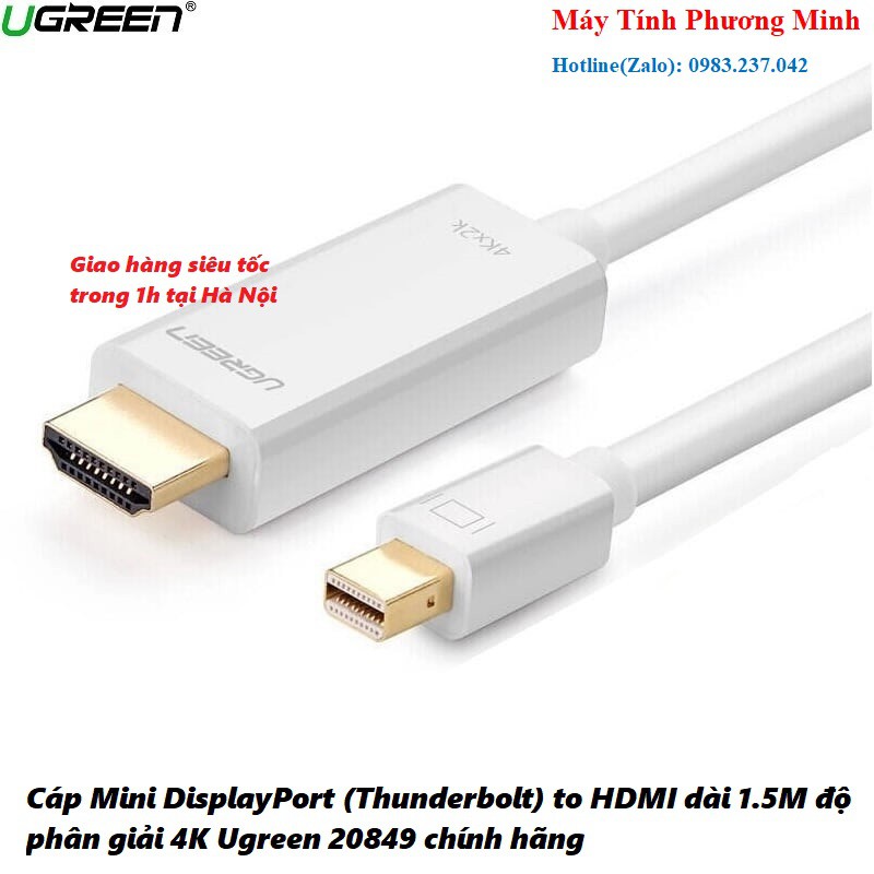 Cáp Mini DisplayPort (Thunderbolt) to HDMI dài 1.5M cao cấp, màu trắng độ phân giải 4K Ugreen 20849 chính hãng