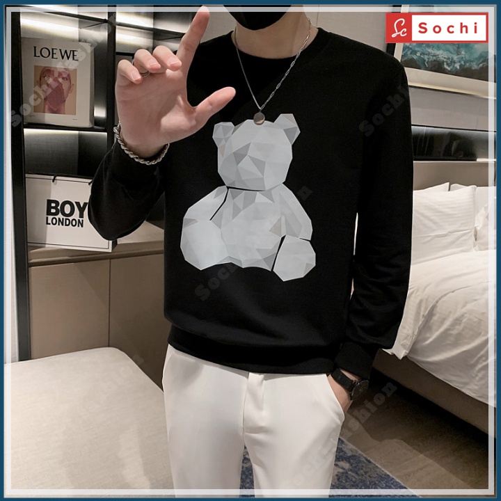 Áo thu đông Hàn Quốc, áo nam sweater cổ tròn mịn đẹp giữ nhiệt in Gấu Xếp mã SW81.2 | BigBuy360 - bigbuy360.vn