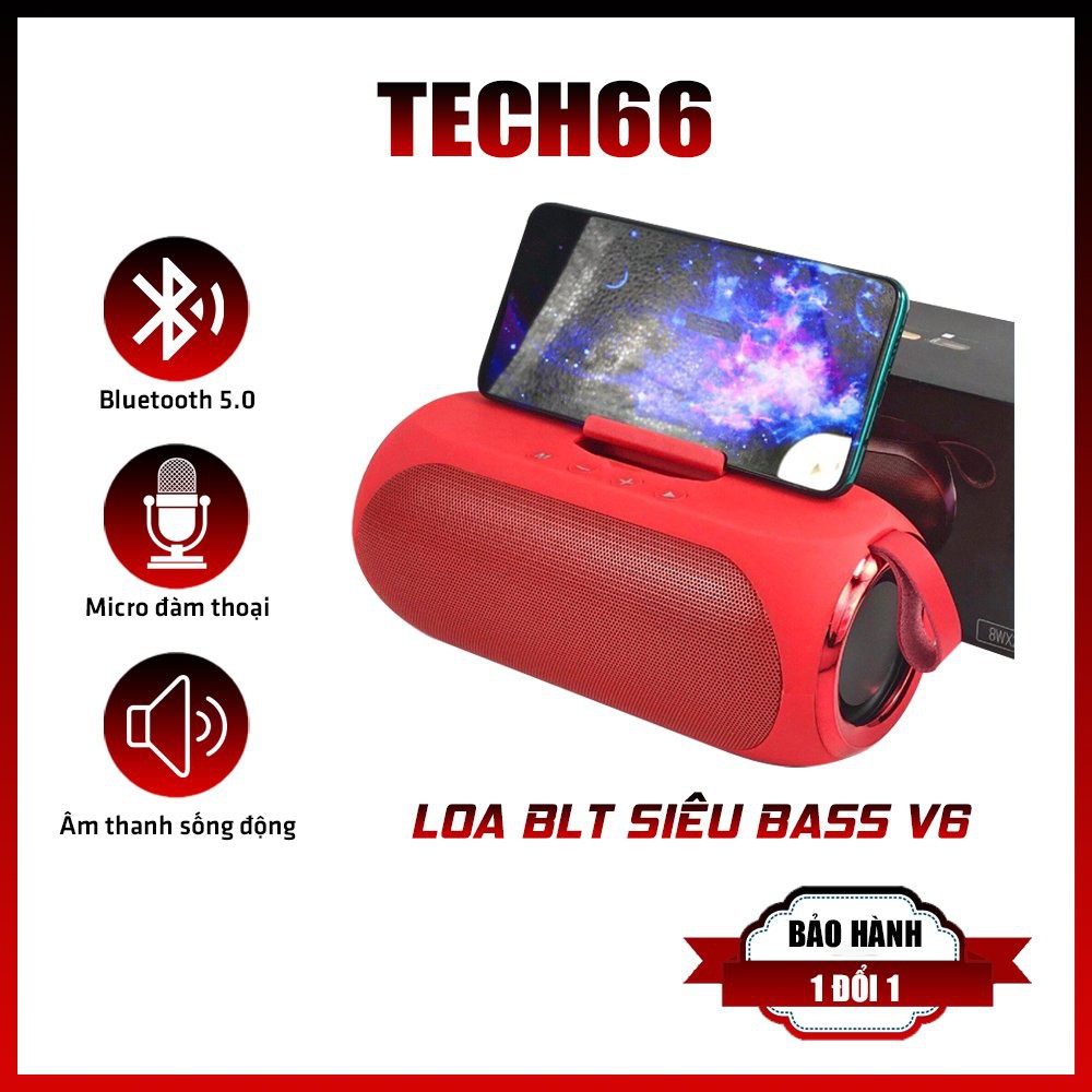 Loa Bluetooth Siêu Bass V6 Không Dây Công Suất Lớn Có Giá Đỡ Điện Thoại, hỗ trợ usb thẻ nhớ và cổng aux 3.5