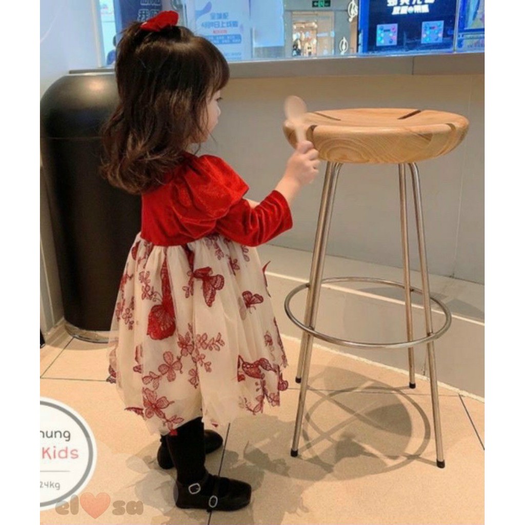 Váy thu đông nhung đỏ chân ren bướm cực đẹp cho bé gái SMS150