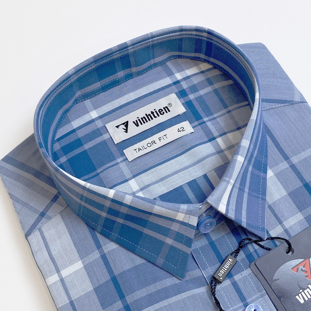 Áo Sơ Mi Nam Tay Ngắn Sọc Caro Bamboo Vĩnh Tiến Form Tailor Fit Vạt Ngang 430 - G648