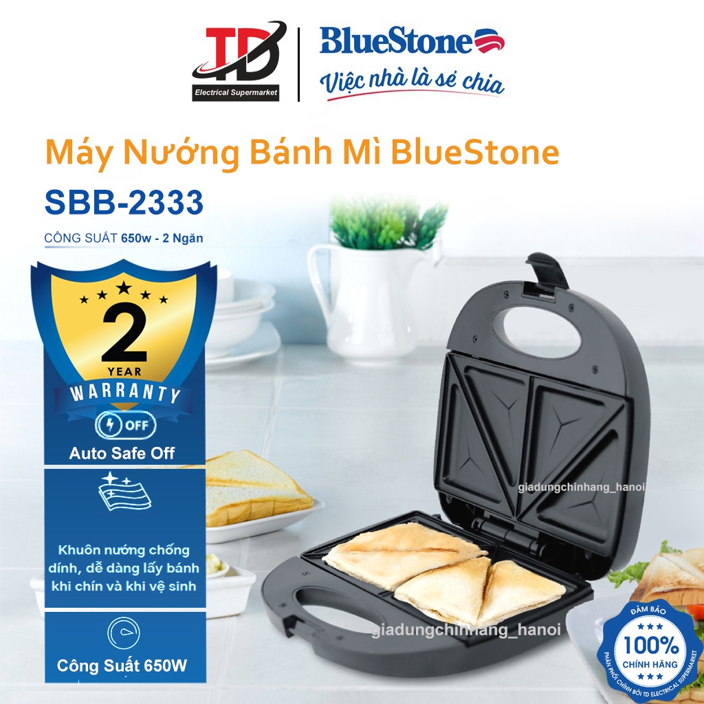 Máy Nướng Bánh Mì BlueStone SBB-2333, 650W, 2 Mặt Nướng Phủ Ceramic, Bảo Hành Chính Hãng 24 Tháng