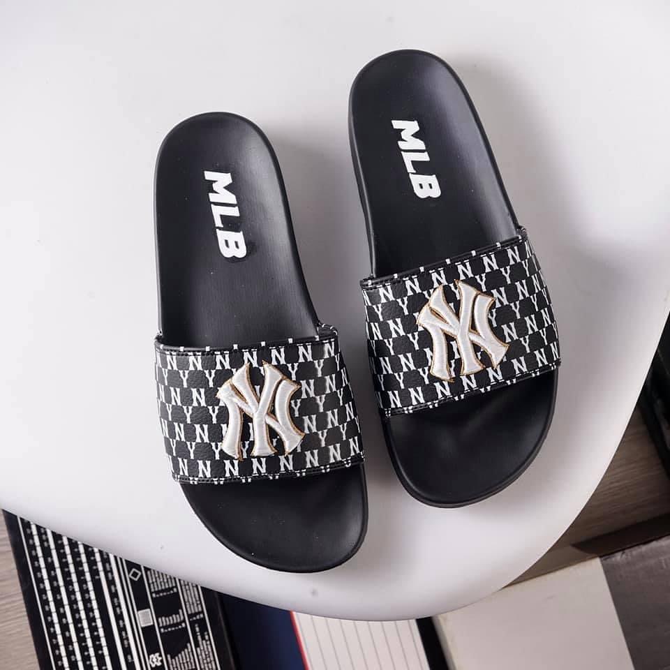 Dép 𝗠.𝗟.𝗕 𝗡𝗬 Quai Ngang Nam Nữ Unisex Siêu Hot Trend đủ size [ Fullbox + Hỗ trợ đổi size ] - Logo Thêu Chữ Màu Đen NY