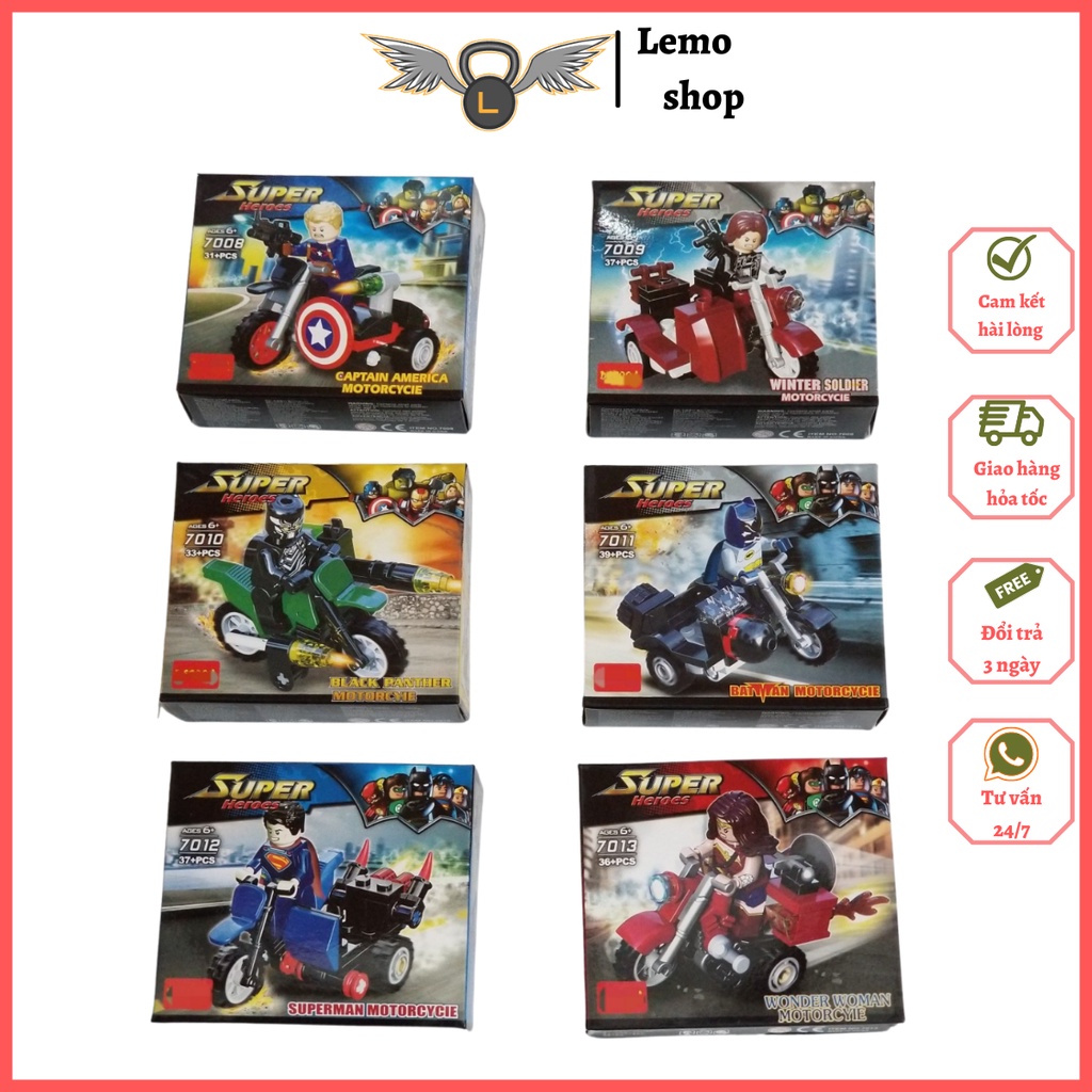 Đồ chơi xếp hình Minifigure Motorcycle Siêu anh hùng DC Captain american,wonder woman Lemoshop, đồ chơi trẻ em 7008-7013
