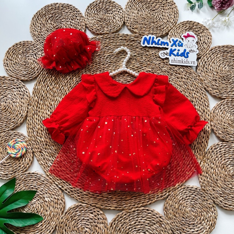Body Váy Công Chúa Đỏ Nhũ NHÍM XÙ KIDS Cho Bé Gái Sơ Sinh, Đầy Tháng, Thôi Nôi Chất Cotton Xốp B032
