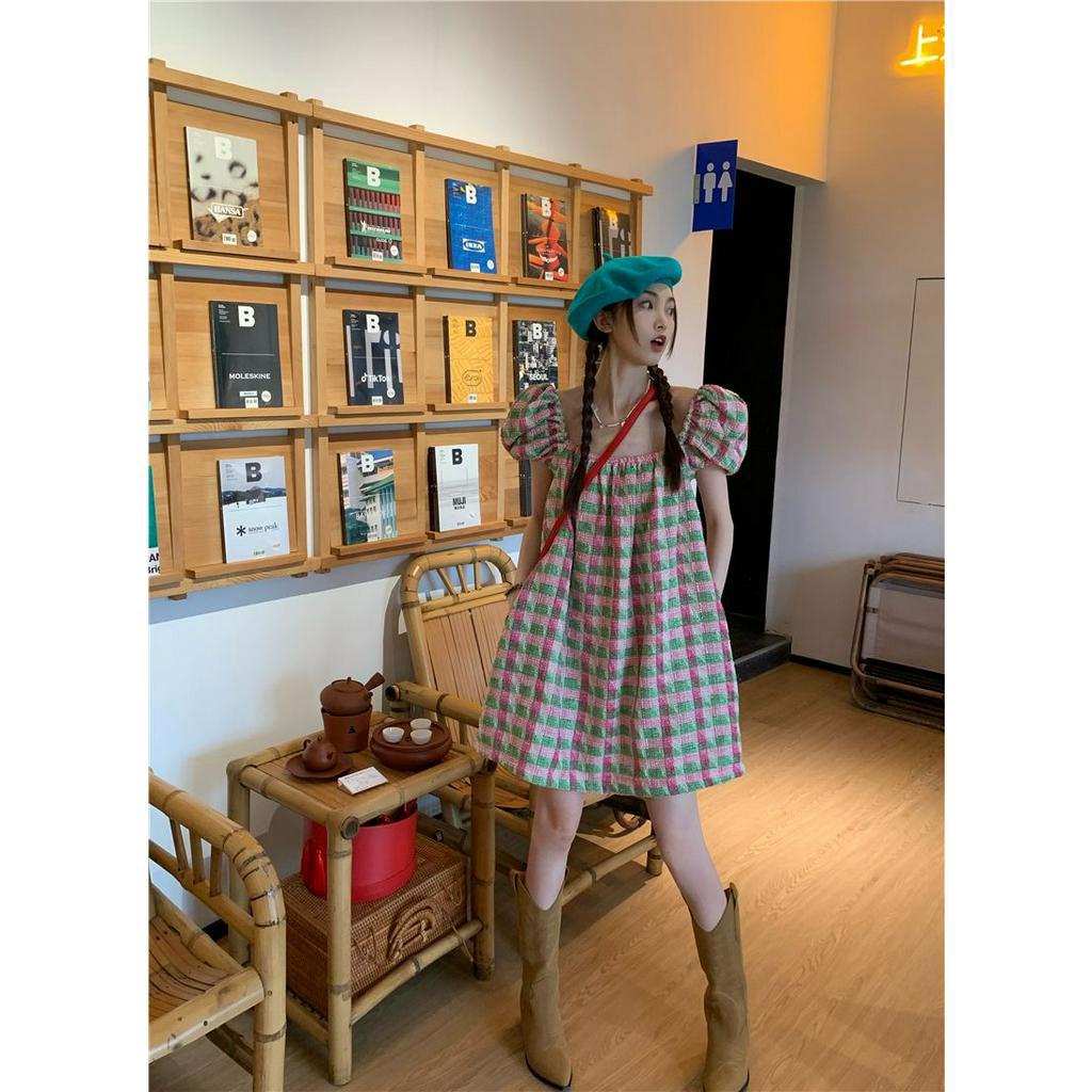 Đầm Tay Ngắn Cổ Vuông Họa Tiết Sọc Caro Phong Cách Hàn Quốc Thời Trang Cho Nữ