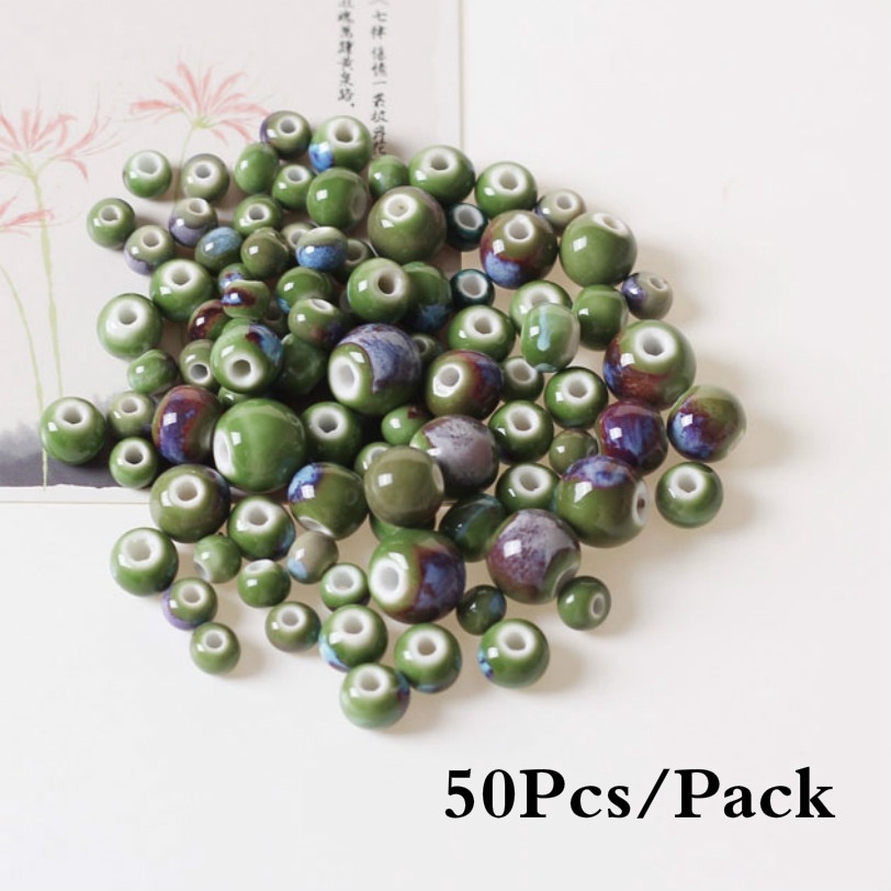 Set 50 hạt gốm hình tròn xỏ lỗ màu xanh lá 6/8/10mm dùng để làm đồ trang sức thủ công