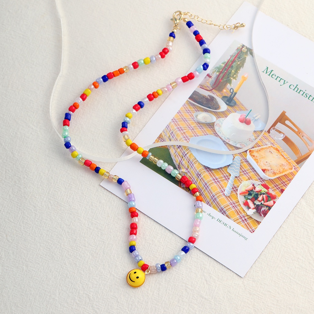 Vòng Cổ Xương Quai Xanh Đính Hạt Nhiều Màu Hình Mặt Cười Nhỏ Phong Cách Harajuku Ngọt Ngào