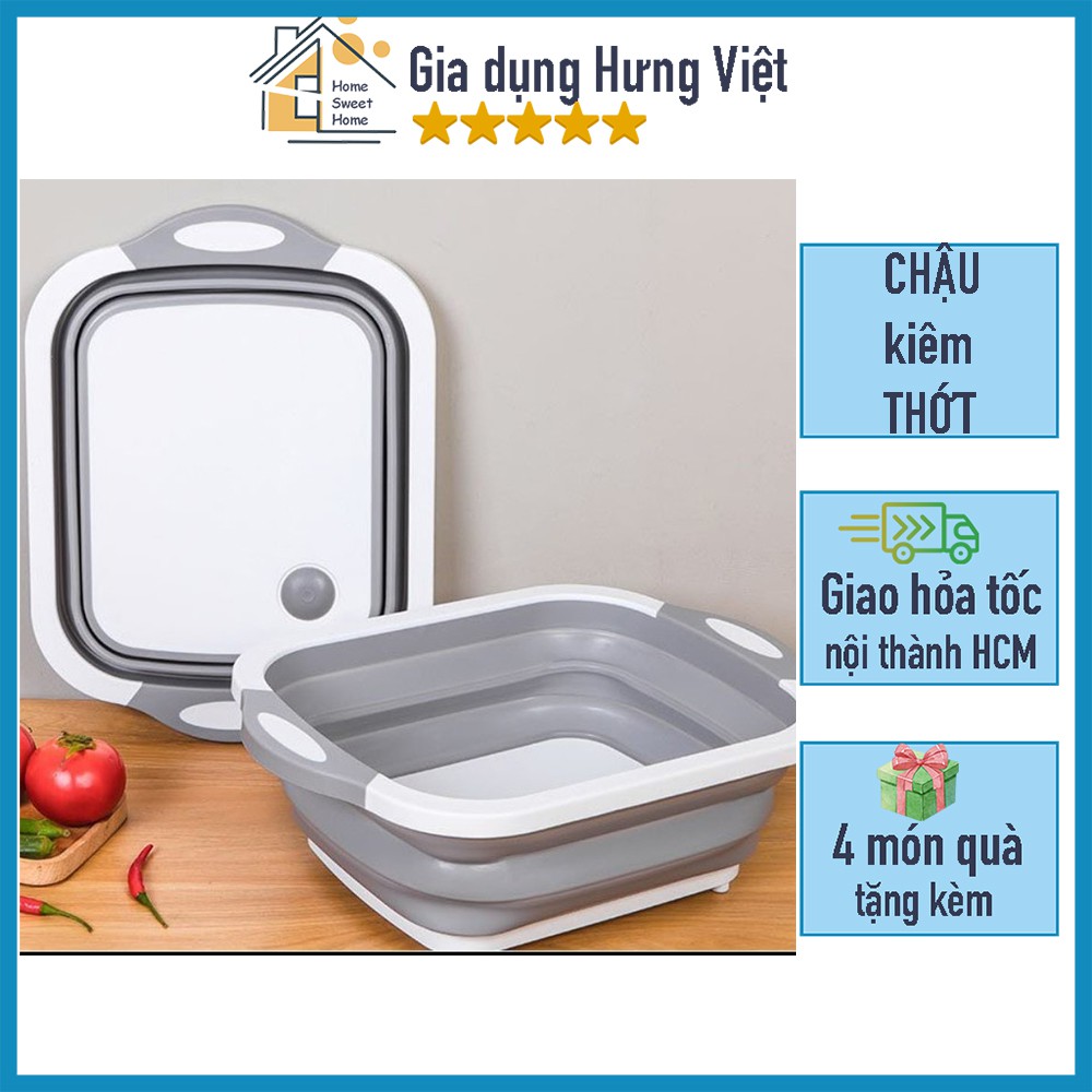 Chậu gấp gọn kiêm Thớt và Rổ đựng bằng nhựa 3 trong 1, đa năng, tiết kiệm diện tích, làm đẹp không gian bếp [CHẬU THỚT]