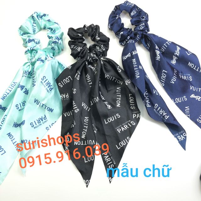 Dây Cột tóc vải Scrunchies thắt nơ dài họa tiết