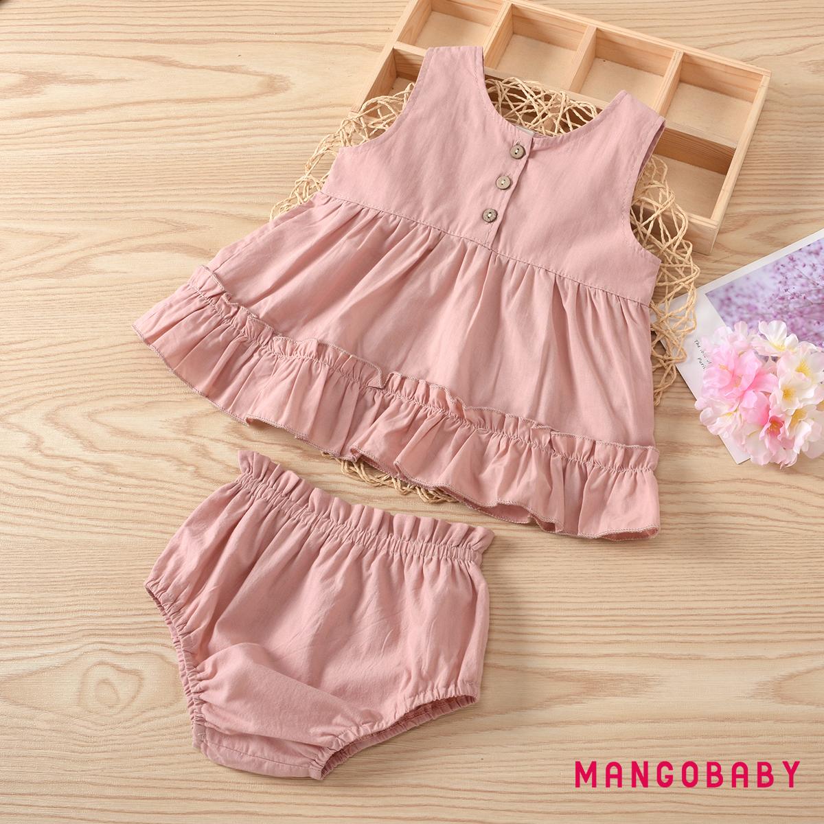 MG-Baby Girl’s Shirt High-Waist Shorts Suit, O-Neck Ruffle Hem Sleeveless Buttons Summer Clothes