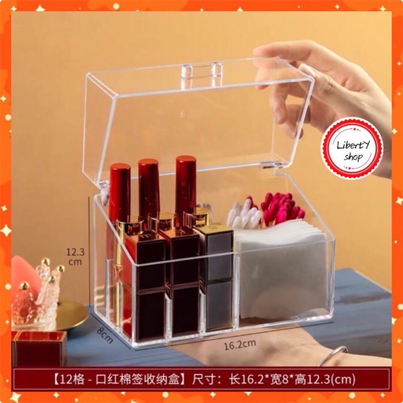 [Sẵn] Hộp Đựng Son 12 Ô (9 ô nhỏ 3 ô to) Nhựa Mica Trong Suốt Có Nắp Đậy Chống Bụi Và Nước