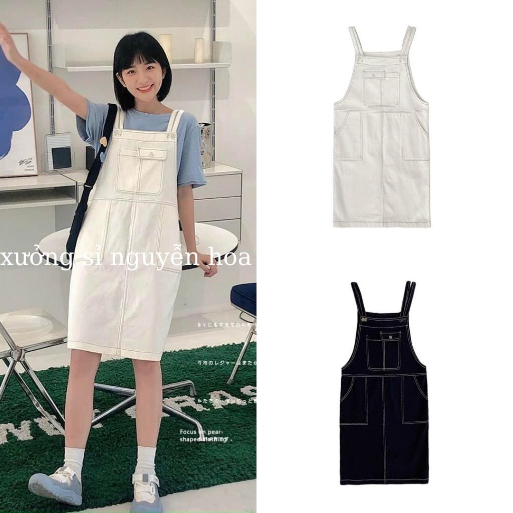 Váy yếm kaki jean túi ngực viền chỉ nổi dành cho học sinh, sinh viên phong cách hàn quốc năng động 2 màu trắng đen