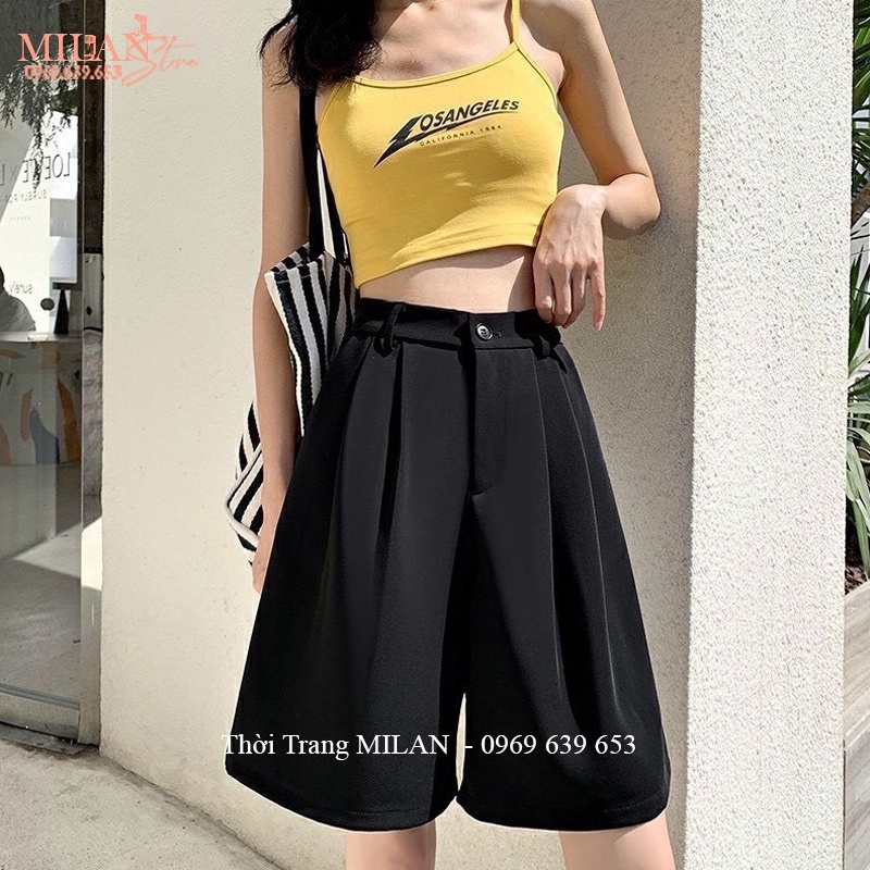Quấn short lửng nữ ống rộng cạp lưng cao khóa kéo dáng quần đùi lửng nữ qua gối vải dày mặc đi biển ở nhà thể thao gym