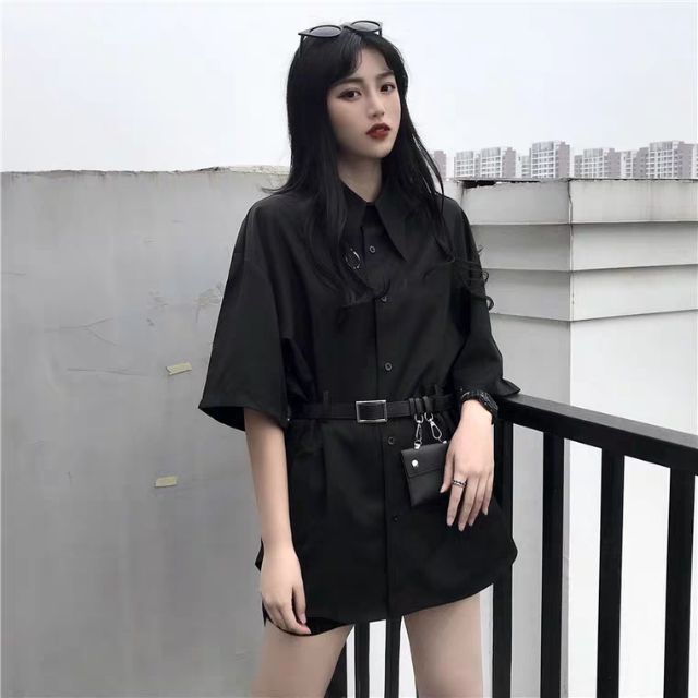[đang về] Sơ mi đen phom rộng kèm belt | BigBuy360 - bigbuy360.vn