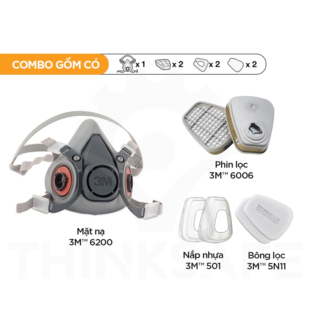 Mặt nạ phòng độc 3M 6200 kết hợp phin lọc 3M 6006 và phụ kiện, lọc bụi siêu mịn, chống sơn, lọc hóa chất - Thinksafe