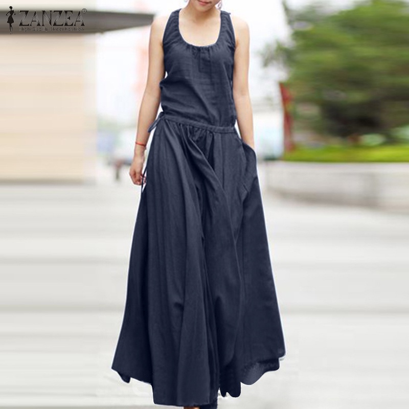 Zanzea Đầm Maxi Nữ Cộc Tay Cổ Tròn Thời Trang Châu Âu