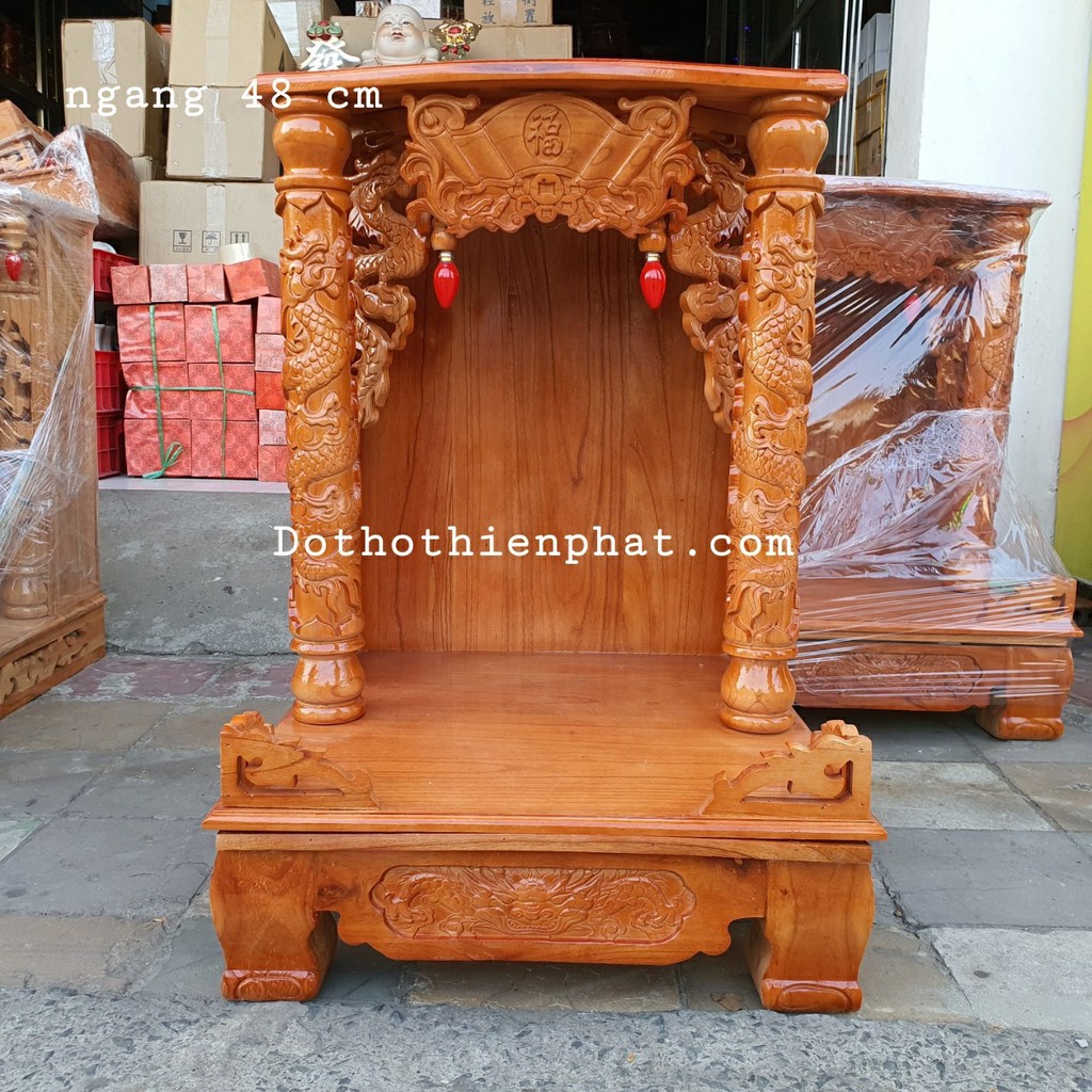 Bàn thờ thần tài ông địa gỗ xoan ngang 48 cm quỳ trụ
