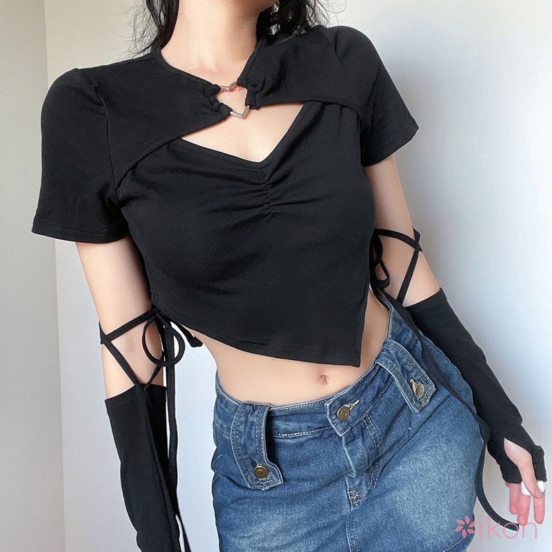Áo Thun Croptop Hở Rốn Cài Nút Gợi Cảm Cho Bạn Gái