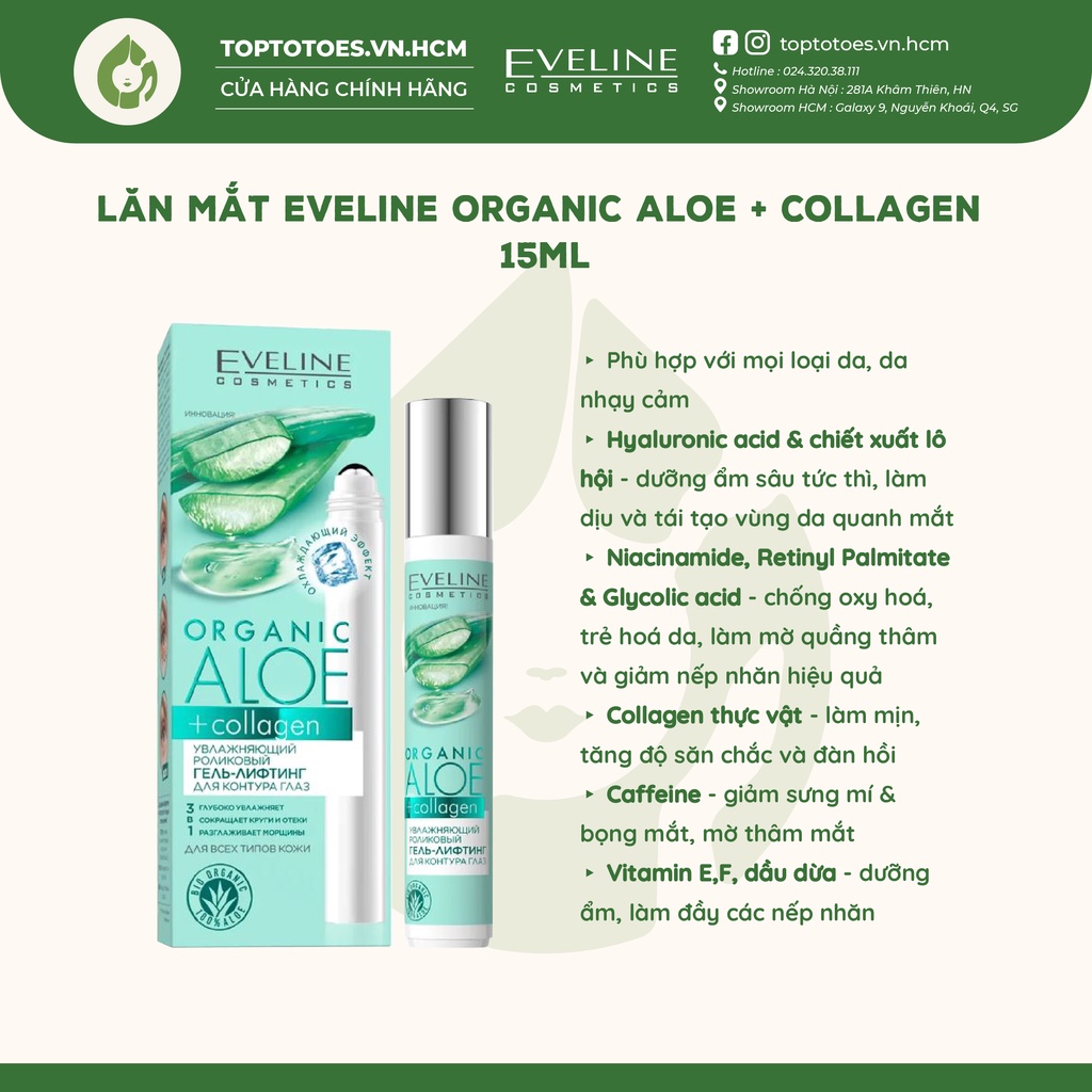 Lăn mắt Eveline Organic Aloe + Collagen dưỡng ẩm, nâng cơ, giảm thâm và nhăn mắt 15ml