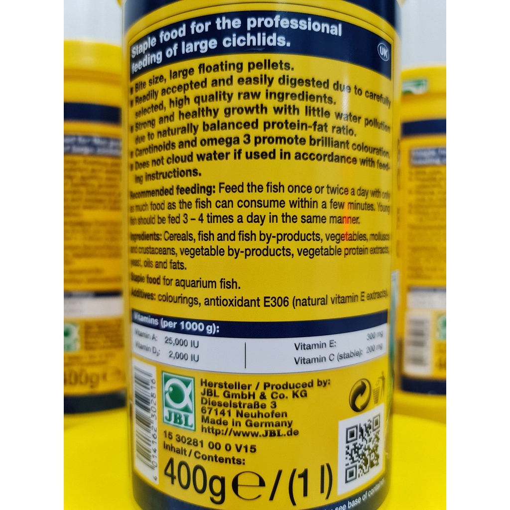 Cám viên JBL Đức thức ăn cho cá la hán lên Đầu,Màu,Châu,3in1, Hộp 400g .Hàng Đức