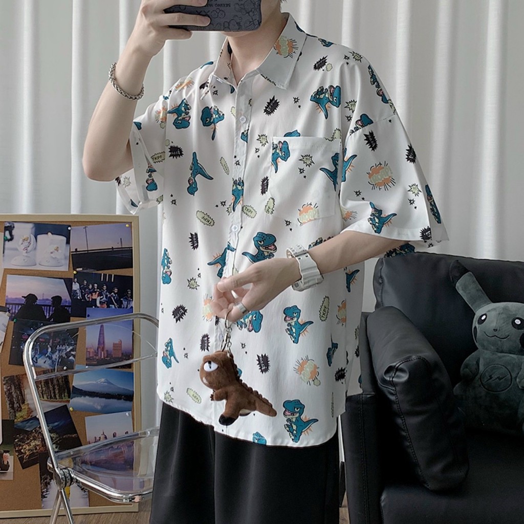 Áo sơ mi tay lỡ nam nữ form rộng KHỦNG LONG NHÍ Unisex | BigBuy360 - bigbuy360.vn