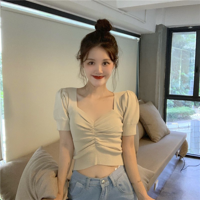 Áo Croptop ôm tay phồng cổ tim rúm ngực nữ tính phong cách ulzzang Hàn Quốc C46 - Maoshop