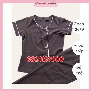 Đồng phục spa màu nâu viền trắng