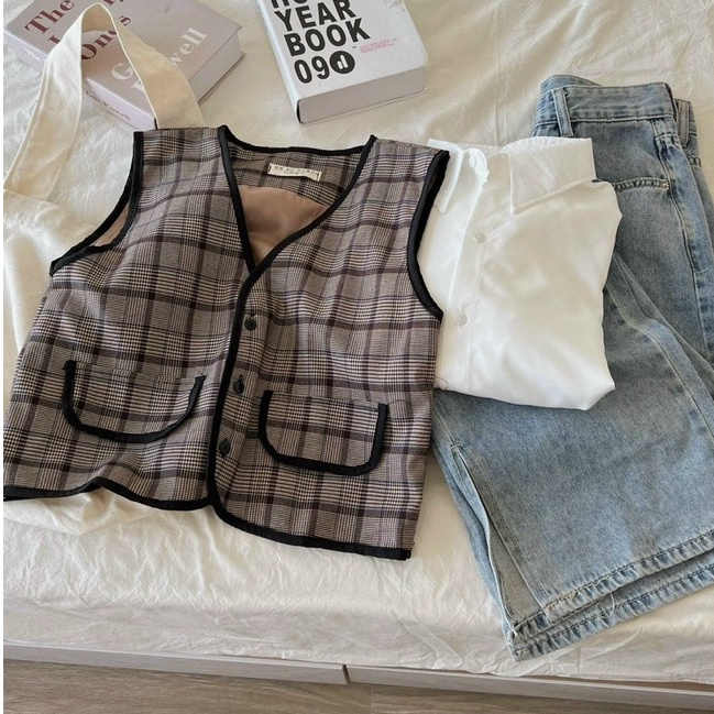 Set đồ nữ áo sơ mi trắng dài tay kèm áo gile kẻ viền đen 2 lớp dày dặn, set 2 món Sơ mi nữ form rộng dài tay kèm gile kẻ
