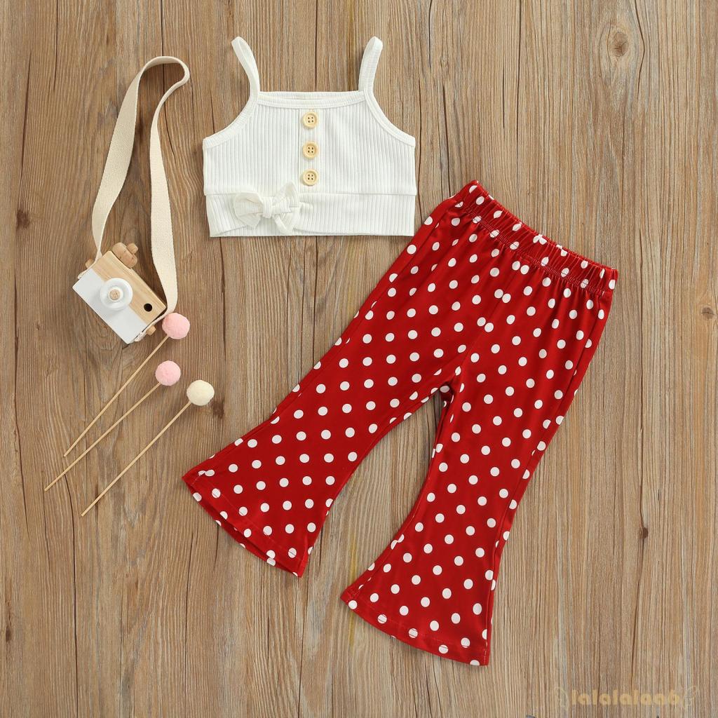 Set Áo Croptop Sát Nách Cài Nút Trước + Quần Dài Lưng Thun Hoạ Tiết Chấm Bi Cho Bé Gái Laa6