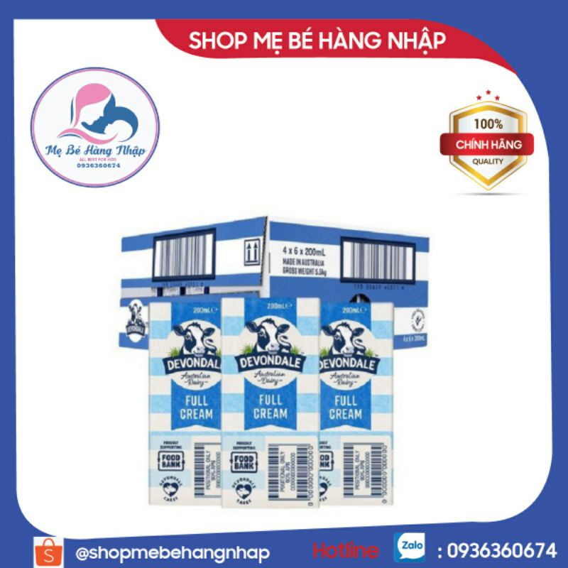 Sữa tươi Devondale nguyên kem 200ml (24 hộp/thùng)