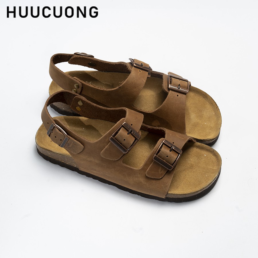 Giày Sandal Unisex HuuCuong -2 khóa Da Bò nâu đế trấu