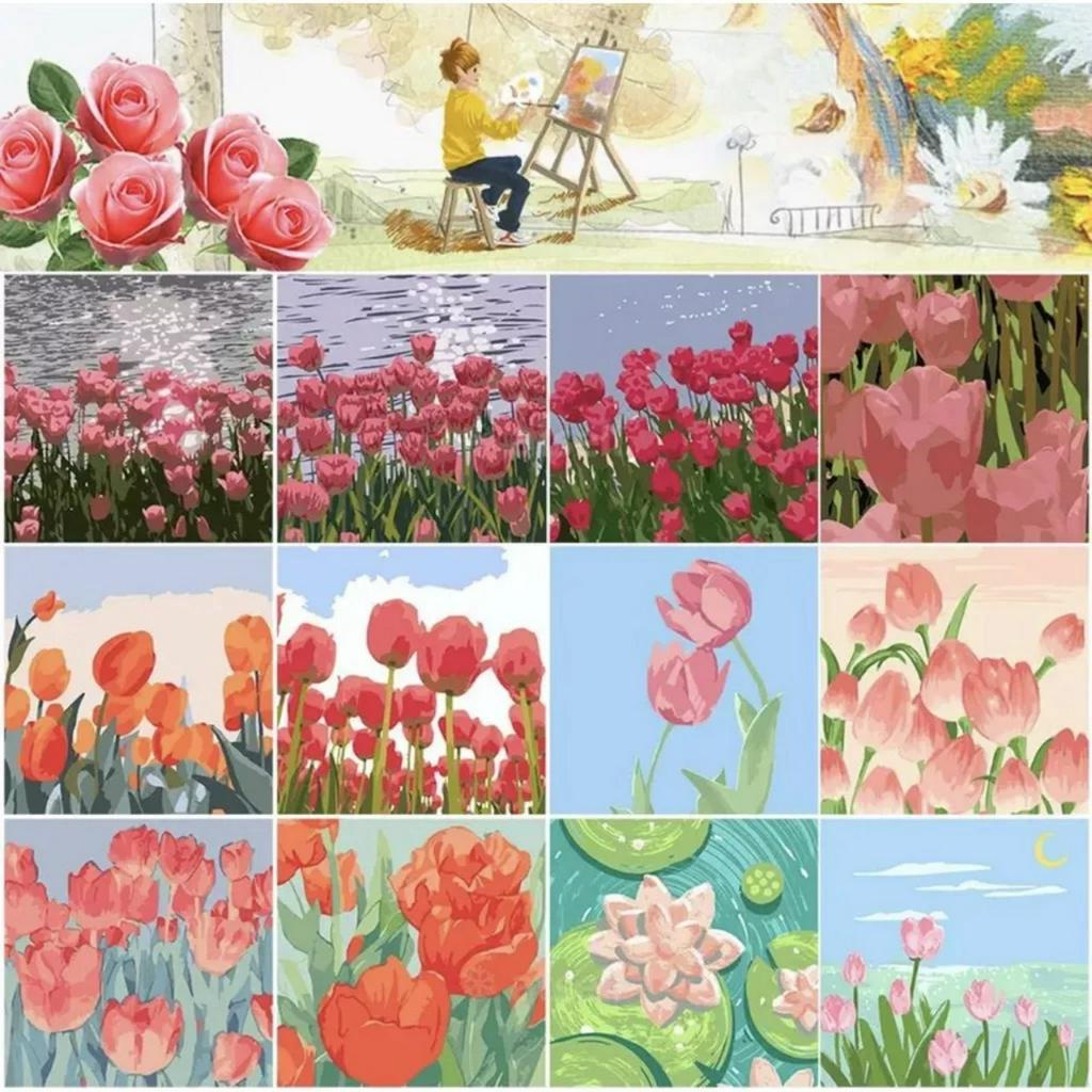 Tranh Sơn Dầu Số Hóa (20X20Cm) Tranh Decor Tô Màu Theo Số Quà Tặng Đồ Lưu Niệm Tặng Kèm Bộ Màu Và Bút Vẽ