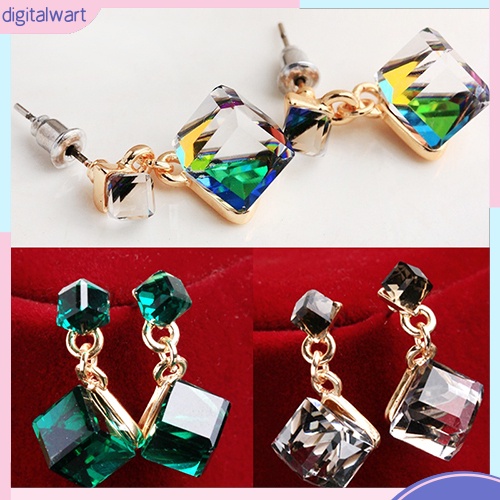 Khuyên tai dài gắn khối hình lập phương lấp lánh thời trang dành cho nữ