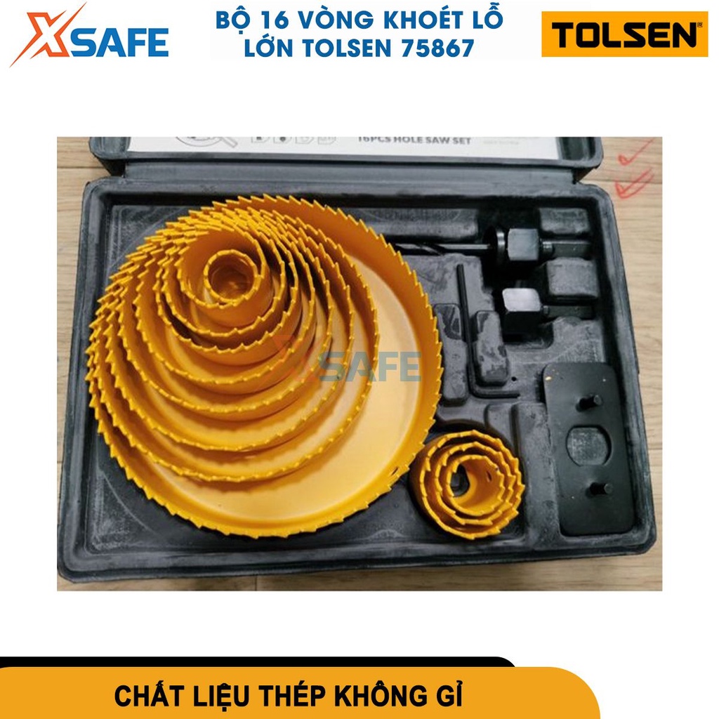 Bộ khoét lỗ tròn Tolsen 75867 16 chi tiết nhiều kích thước, kết hợp với máy khoan chuyên dụng khoan gỗ, thạch cao[XSAFE]