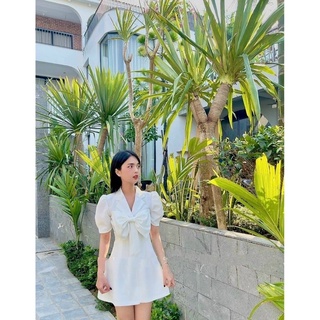 [Shop bigsize nữ 50kg đến 90kg] Đầm cổ vest đính nơ form ngắn