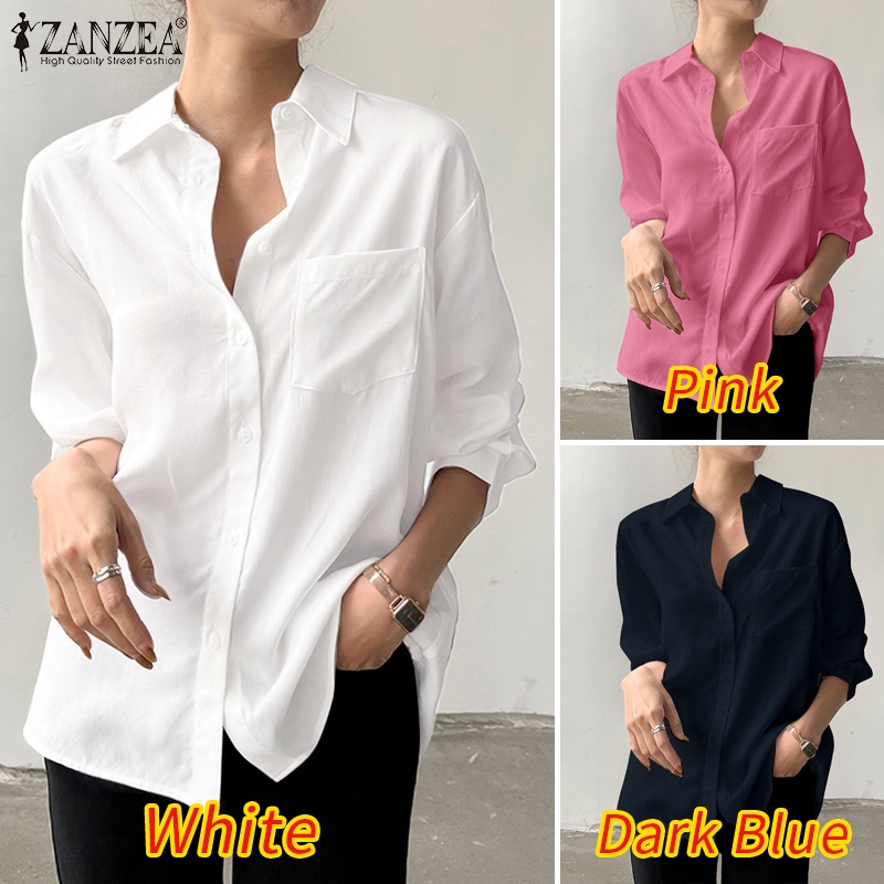 Áo sơ mi ZANZEA dài tay màu trơn dễ phối đồ thời trang thanh lịch cho nữ