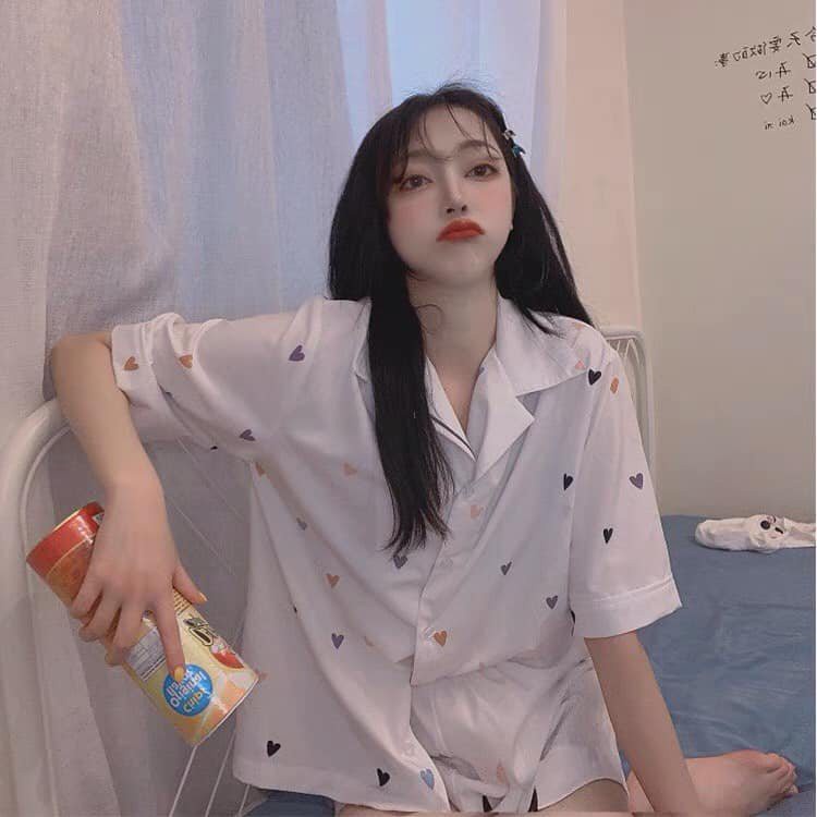 Set Bộ Ngủ Nhiều Tim Tay Lỡ Nam Nữ Unisex - Bộ ngủ pijama freesize dáng suông mặc nhà LOẠI 1 Form Rộng