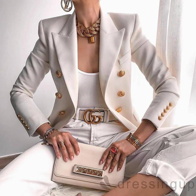 Áo Khoác Blazer Dài Tay Màu Trơn Thiết Kế Thanh Lịch Cho Nữ