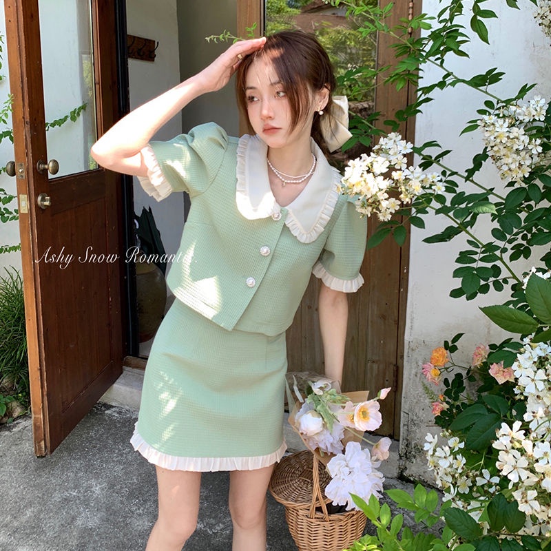 Sản Phẩm Mới Mùa Hè!F &amp; X Bộ Áo + Chân Váy Chữ a Cỡ Nhỏ Màu Xanh Lá a Waffle Cao Cấp Cho Nữ Xiaoxiang