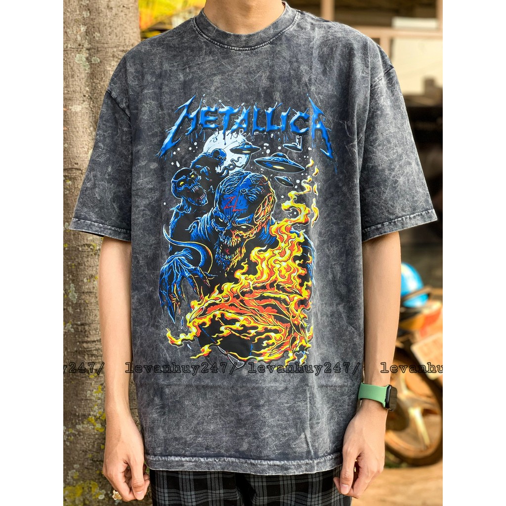 Áo thun Đen Wash màu Metallica - Vintage Rock Wash Tee size Âu (ảnh thật)