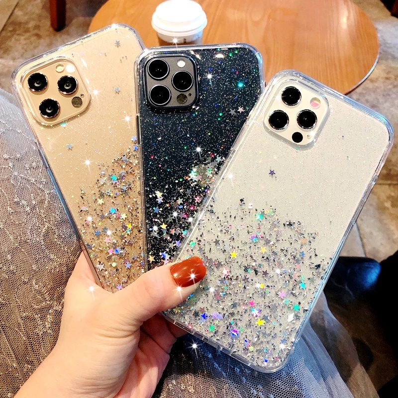 Ốp Điện Thoại Dẻo Trong Suốt Đính Sequin Lấp Lánh Sang Trọng Cho iPhone 11 12 13 14 Pro Max XR XS 7 8 Plus