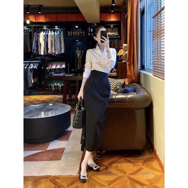 Chân váy công sở  midi bút chì chiết li che bụng huyen hip